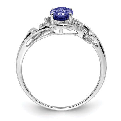 Sterling Silver Rhodium Plated Diamond and Tanzanite Oval Ring