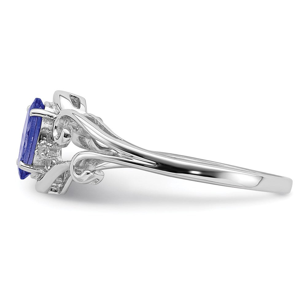 Sterling Silver Rhodium Plated Diamond and Tanzanite Oval Ring