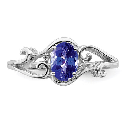 Sterling Silver Rhodium Plated Diamond and Tanzanite Oval Ring