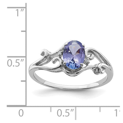 Sterling Silver Rhodium Plated Diamond and Tanzanite Oval Ring
