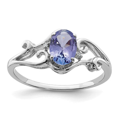 Sterling Silver Rhodium Plated Diamond and Tanzanite Oval Ring