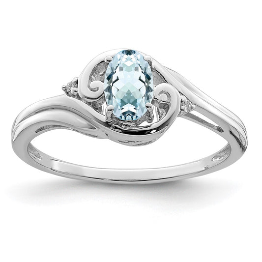 Sterling Silver Rhodium Plated Diamond u0026 Aquamarine Ring