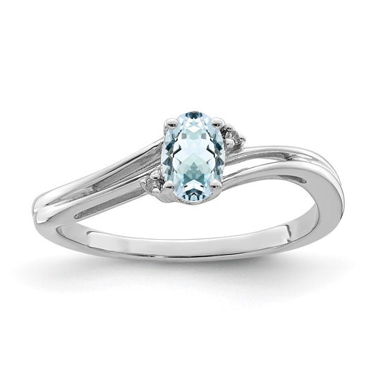 Sterling Silver Rhodium Plated Diamond u0026 Aquamarine Oval Ring