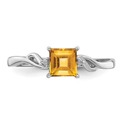 Sterling Silver Rhodium Plated Diamond u0026 Citrine Square Ring
