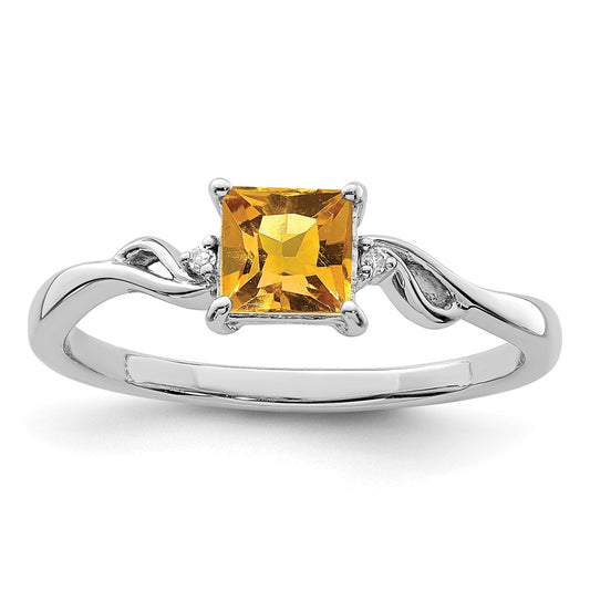 Sterling Silver Rhodium Plated Diamond u0026 Citrine Square Ring