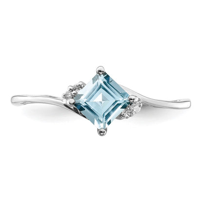 Sterling Silver Rhodium Plated Diamond u0026 Aquamarine Square Ring
