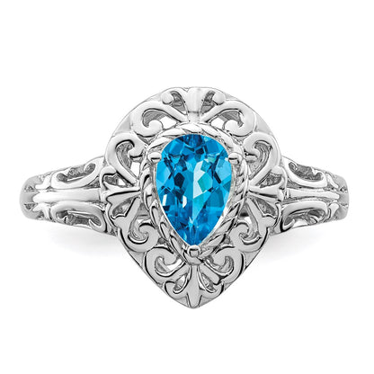 Sterling Silver Rhodium Plated Sky Blue Topaz Teardrop Ring