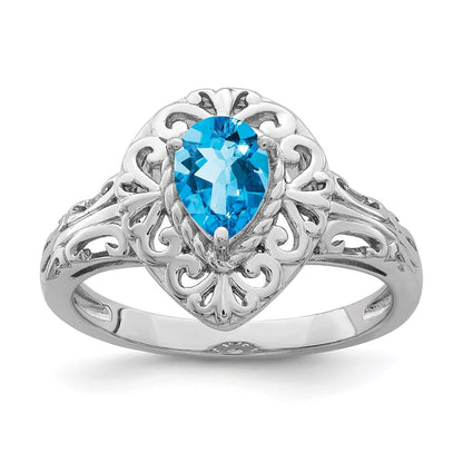 Sterling Silver Rhodium Plated Sky Blue Topaz Teardrop Ring