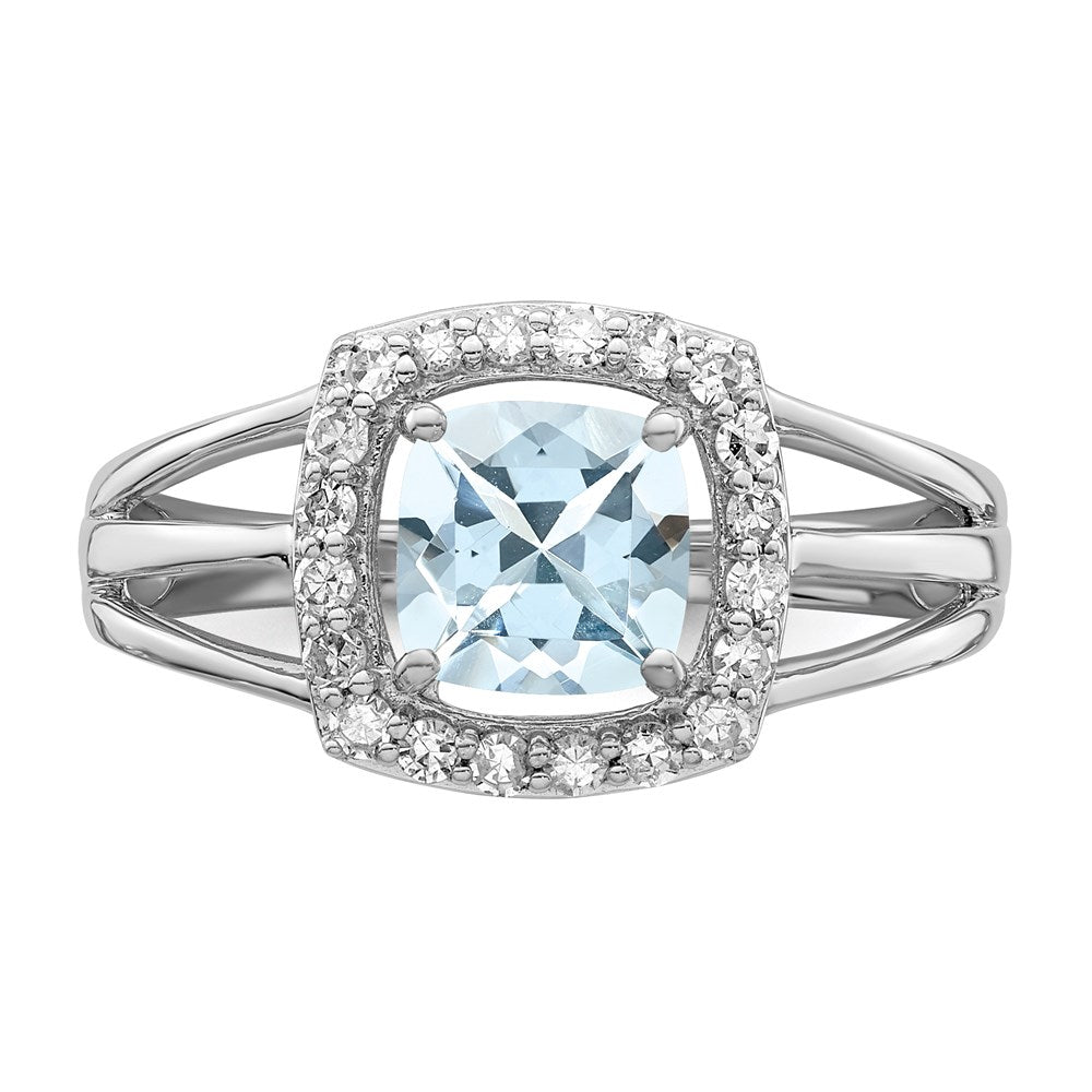 Sterling Silver Rhodium Aquamarine u0026 Diamond Square Ring
