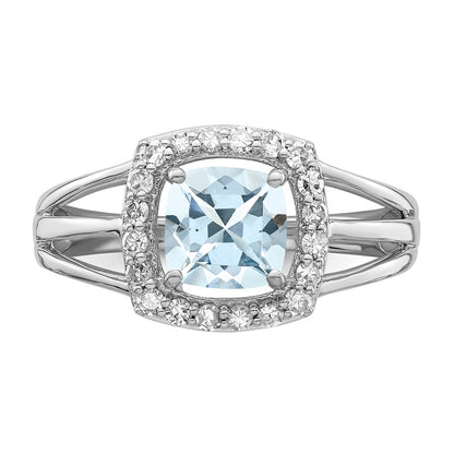 Sterling Silver Rhodium Aquamarine u0026 Diamond Square Ring
