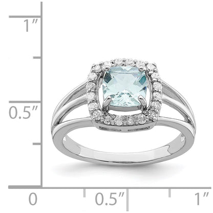 Sterling Silver Rhodium Aquamarine u0026 Diamond Square Ring