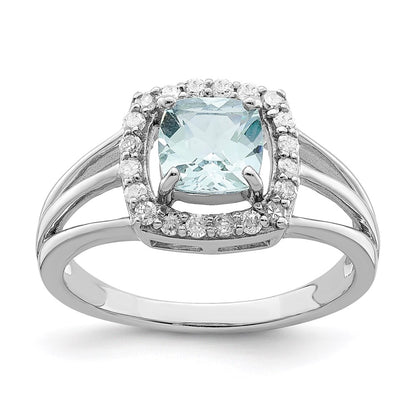 Sterling Silver Rhodium Aquamarine u0026 Diamond Square Ring