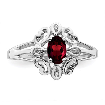 Sterling Silver Rhodium Plated Diamond u0026 Garnet Oval Ring