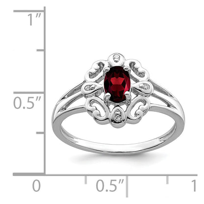 Sterling Silver Rhodium Plated Diamond u0026 Garnet Oval Ring