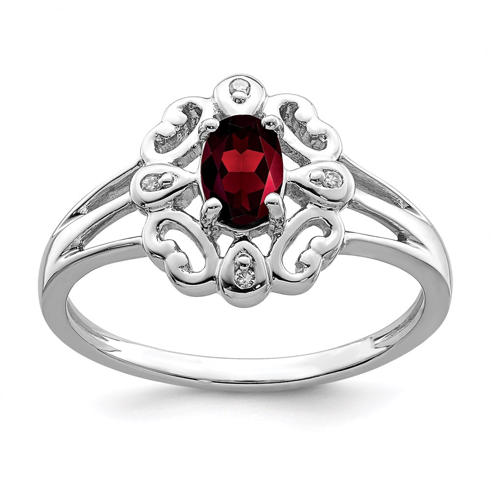 Sterling Silver Rhodium Plated Diamond u0026 Garnet Oval Ring