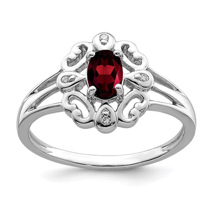 Sterling Silver Rhodium Plated Diamond u0026 Garnet Oval Ring