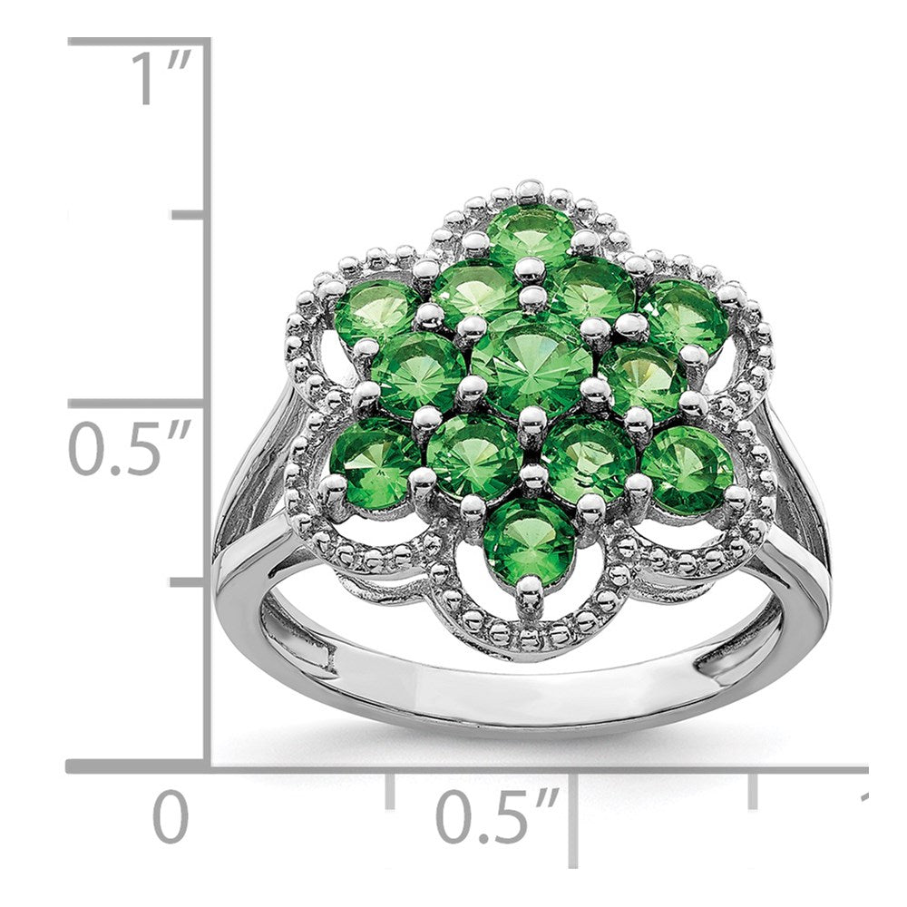 Sterling Silver Rhodium Plated Tsavorite Garnet Flower Ring