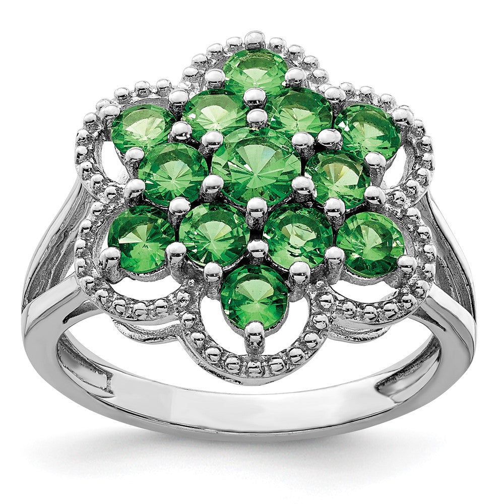 Sterling Silver Rhodium Plated Tsavorite Garnet Flower Ring