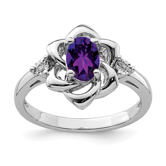 Sterling Silver Rhodium-plated Diamond u0026 Amethyst Ring
