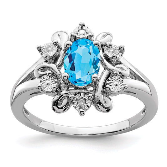 Sterling Silver Rhodium-plated Diamond u0026 Light Blue Topaz Ring