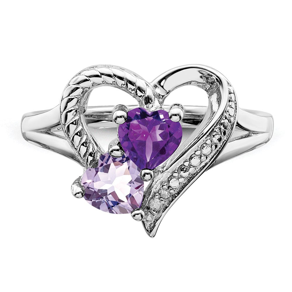 Sterling Silver Rhodium-plated Amethyst u0026 Pink Quartz u0026 Diamond Ring