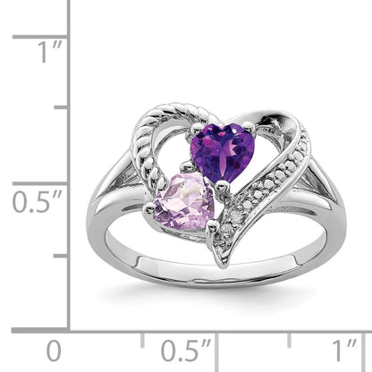 Sterling Silver Rhodium-plated Amethyst u0026 Pink Quartz u0026 Diamond Ring