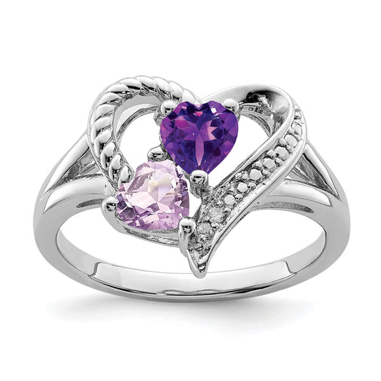 Sterling Silver Rhodium-plated Amethyst u0026 Pink Quartz u0026 Diamond Ring