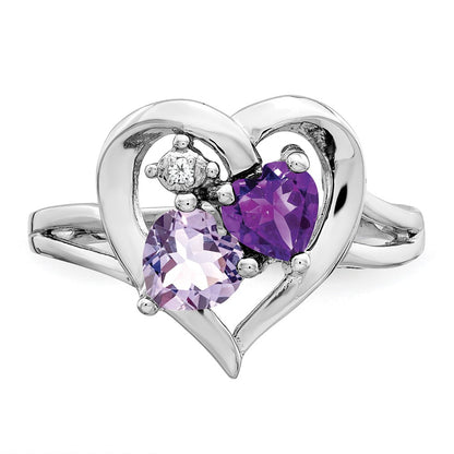 Sterling Silver Rhodium-plated Amethyst u0026 Pink Quartz u0026 Diamond Ring