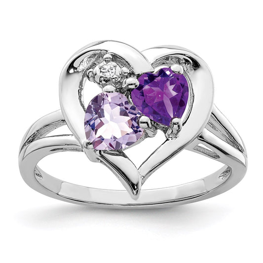 Sterling Silver Rhodium-plated Amethyst u0026 Pink Quartz u0026 Diamond Ring