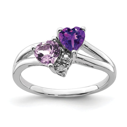Sterling Silver Rhodium-plated Amethyst u0026 Pink Quartz u0026 Diamond Ring