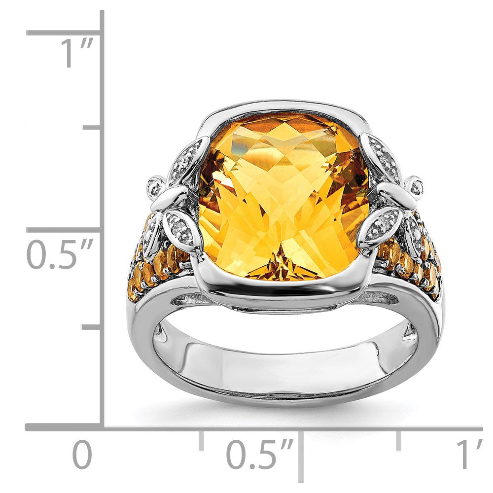 Sterling Silver Rhodium Diamond and Citrine Ring