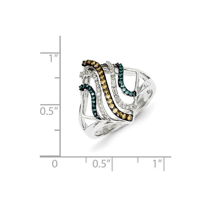 Sterling Silver Bridal Swirl Design White, Champagne u0026 Blue Diamond Ring