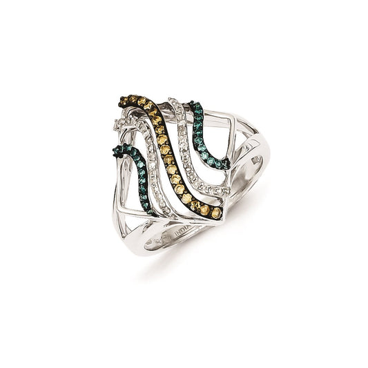 Sterling Silver Bridal Swirl Design White, Champagne u0026 Blue Diamond Ring