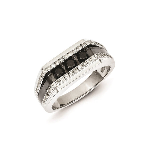 Sterling Silver Rhodium Plated Black and White Diamond Men's Ring