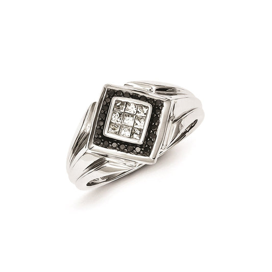 Sterling Silver Rhodium Plated Black and White Diamond Men's Ring