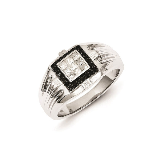 Sterling Silver Rhodium Plated Black and White Diamond Men's Ring