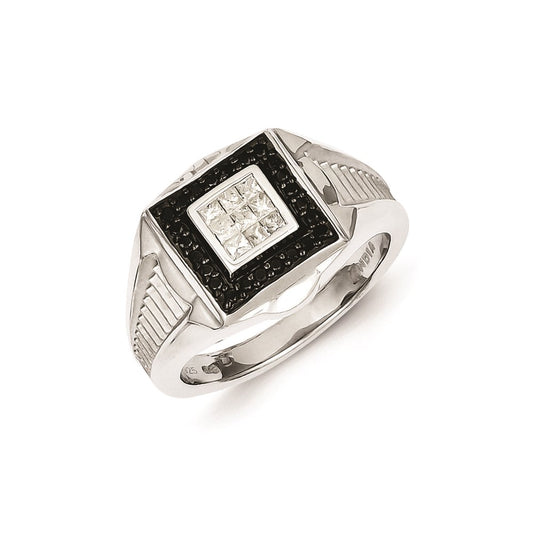 Sterling Silver Rhodium Plated Black and White Diamond Men's Ring