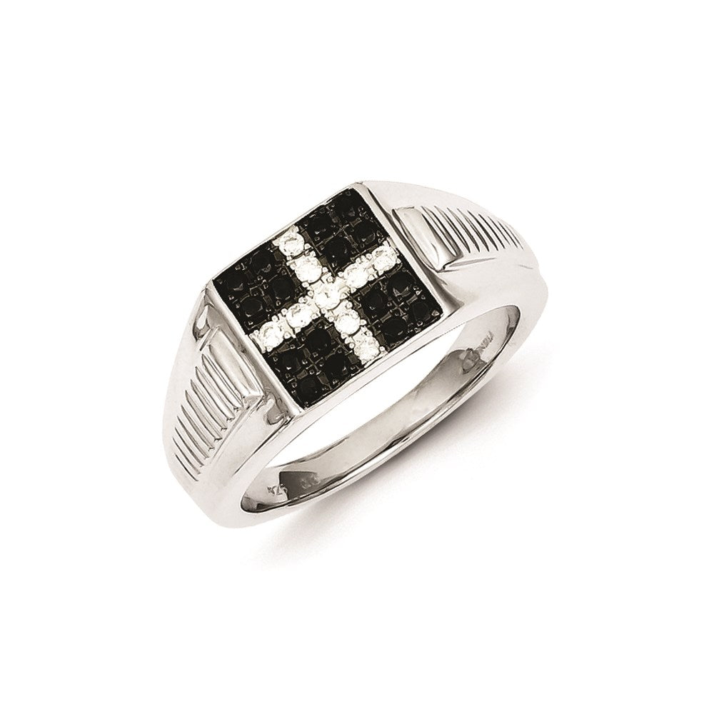 Sterling Silver Rhodium Plated Black and White Diamond Men's Ring