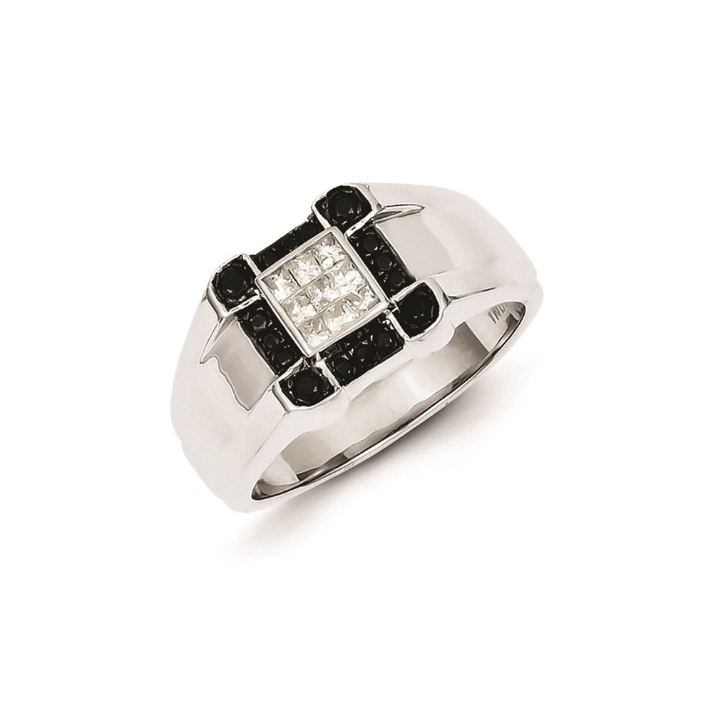 Sterling Silver Rhodium Plated Black and White Diamond Men's Ring