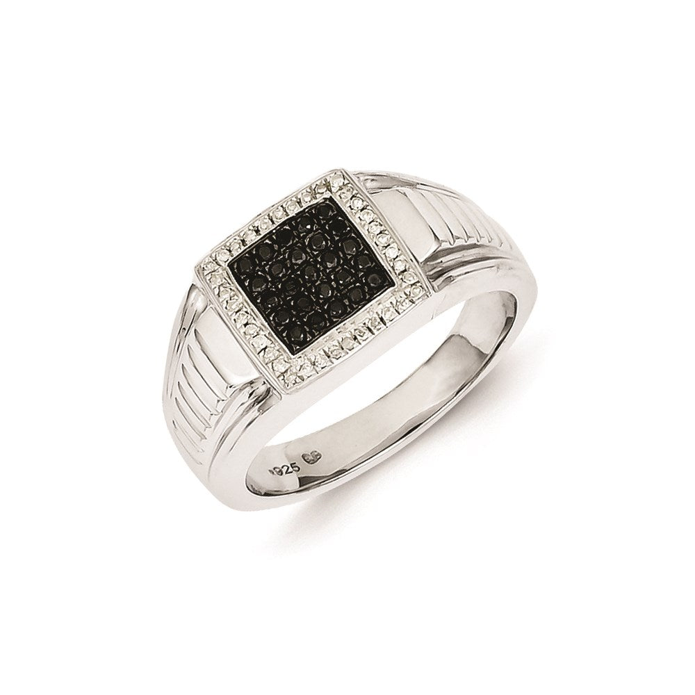 Sterling Silver Rhodium Plated Black and White Diamond Men's Ring