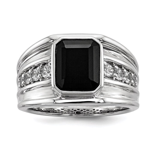 Sterling Silver White Sapphire u0026 Onyx Square Men's Ring