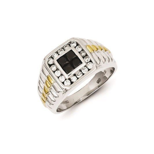 Sterling Silver and Gold Plated Black u0026 White Diamond Square Men's Ring