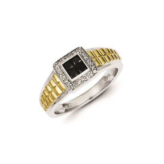 Sterling Silver and Gold Plated Black u0026 White Diamond Square Men's Ring