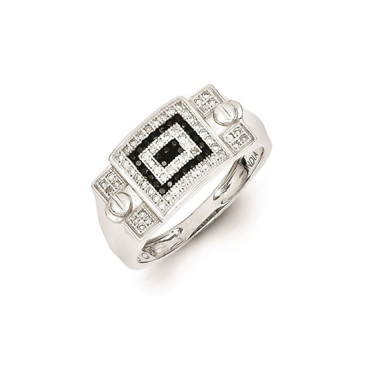 Sterling Silver Rhodium Plated Black and White Diamond Men's Ring