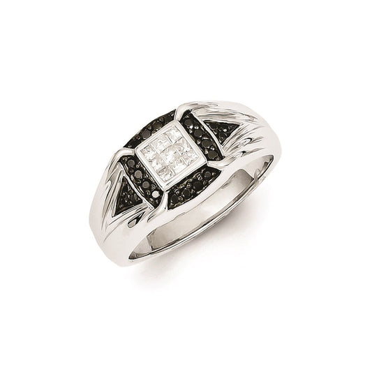 Sterling Silver Rhodium Plated Black and White Diamond Men's Ring