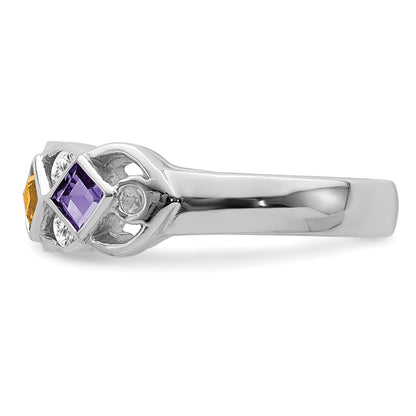 SS Rhodium-plated w/CZ, Amethyst, Citrine, Garnet u0026 Blue Topaz Ring