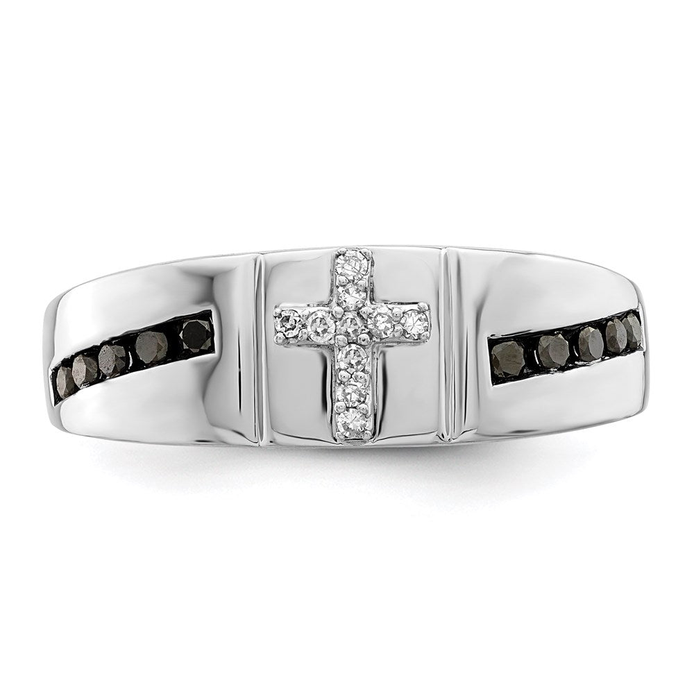 Sterling Silver Rhodium Plated Black and White Diamond Cross Men's Ring