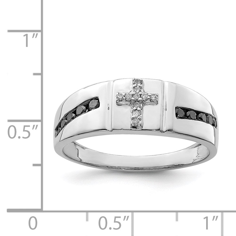 Sterling Silver Rhodium Plated Black and White Diamond Cross Men's Ring