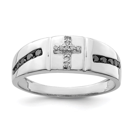 Sterling Silver Rhodium Plated Black and White Diamond Cross Men's Ring