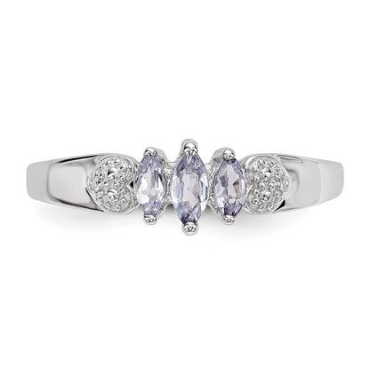 Sterling Silver Rhodium 3 Stone Tanzanite and Diamond Ring